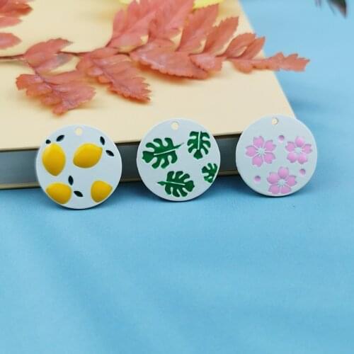 10pcs Alloy Spray Painted Green Leaf Flower Lemon Enamel Charms Round Pendants For Diy Earrings Bracelet Accessory Jewelry Make