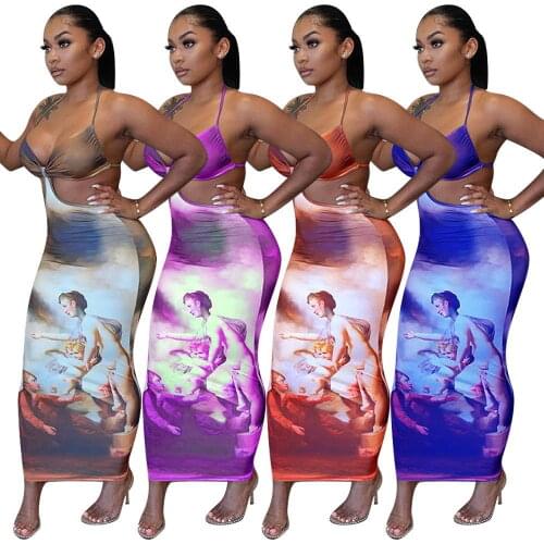 2021 New Summer Women Long Dress Tie Dye Print Halter Bandage Backless Sheath Elastic Dresses Sexy Night Club Party Vestidos