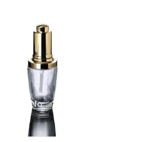 30ML transparent glass bottle with golden press dropper for Cosmetic Packaging