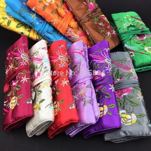 Embroidery flower Bird Silk Jewelry Roll Travel Bag 3 Zipper Women Cosmetic Bag Drawstring Makeup Storage Bag 50pcs/lot