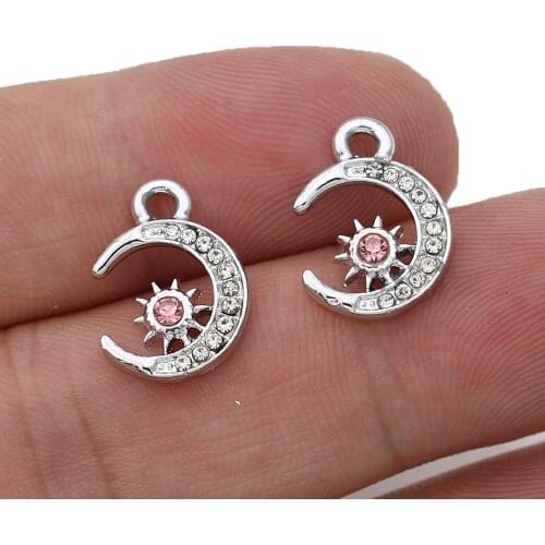 6Pcs Silver Pink Crystal Moon Star Charm Pendant for Jewelry Making Earrings Bracelet Necklace Accessories DIY Craft Findings