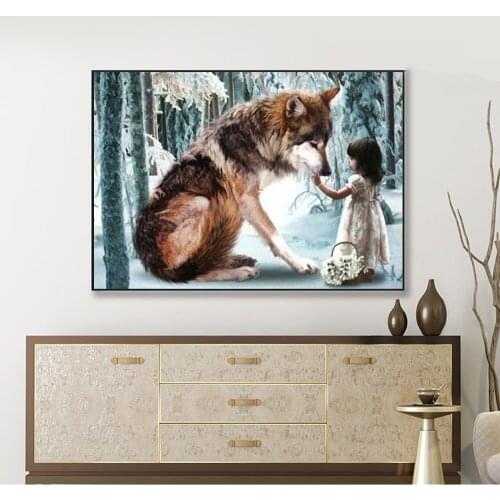 Diamond Painting 5D DIY Wolf and Girl Rhinestone Three-dimensional Mosaic Cross Stitch Animal Handmade Home Decoration Painting
