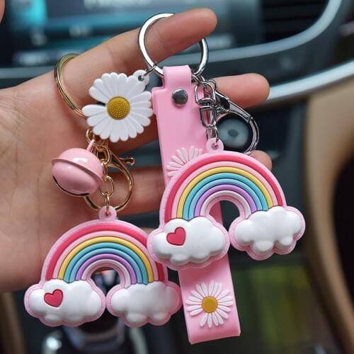 Korean Style Pink Rubber Clouds Keychain Women Girl Cute Flower Daisy Bell Rainbow Key Chain Lanyard Trinket Party Jewelry Gift