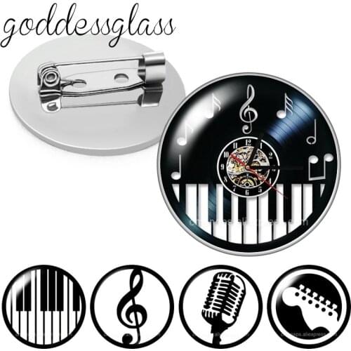 Music disc Musical notes Piano guitar Love music Round Glass cabochon Brooch Dome Photo Jewelry Brooches Pin For Men Woman Gift