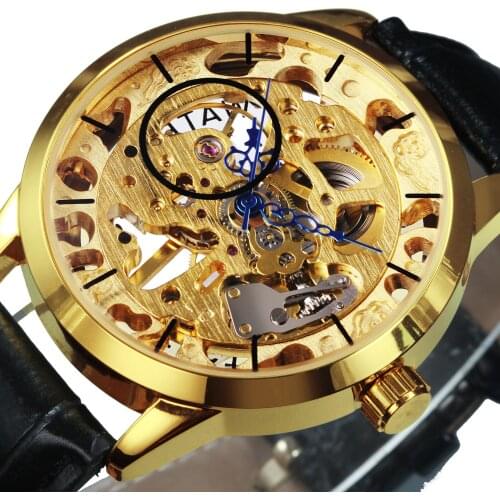 WINNER Official Watches Mens Brand Luxury Golden Skeleton Mechanical Watch Genuine Leather Strap Casual Business Wrist Watches