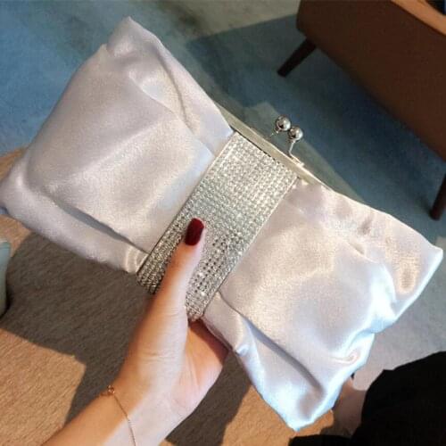 Elegant Satin bow Evening Bag 2021 Luxury Ladys Rhinestone decoration Handbag women Wedding Party clutch purse silver FTB355
