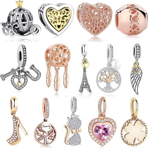ELESHE Luxury 925 Sterling Silver Charm Beads Rose Gold Family Tree Feather Love Heart Charms Fit Original Bracelet DIY Jewelry