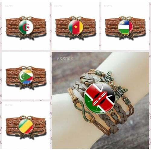 Flag Bracelet Africa National Flag Egypt Nigeria Libya South Africa Bronze Brown leather Glass Jewelry Patriot Souvenir Bracelet
