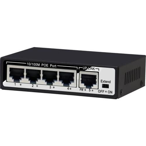 5-port 10/100M switch, of which 1-4 ports support POE, IEEE 802.3af international standard, external total power 48W