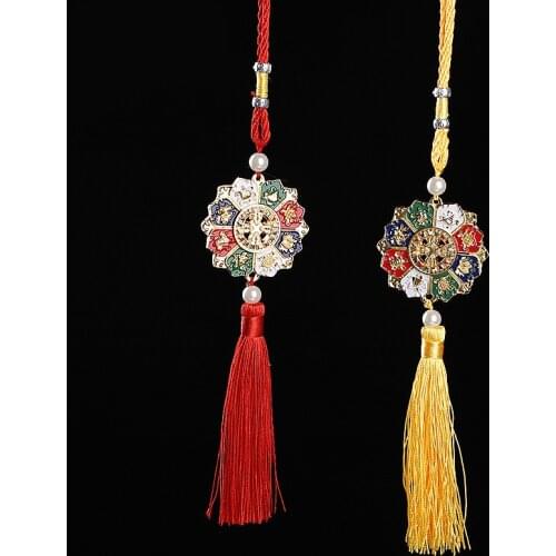 Red/Yellow Eight Auspicious Six Words Mantra Alloy Metal Car Hanging Decorations Clearly Pattern Peace Wealth Symbol Mascot