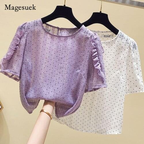 Sweet Summer Polka Dot Chiffon Shirt Korean Short Sleeve Top Women Female Fashion O Neck White Blouses Women Casual Blusas 15225