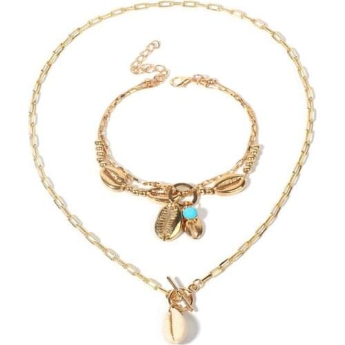 Bohemian Summer Jewelry Set Alloy SeaShell Anklets Choker Necklace Women shell Foot Leg Chain Beach Barefoot Bracelet SH-004