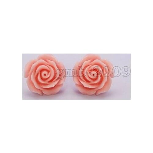 New Pretty 12mm Coral Pink Rose Flower 925 Silver Stud Earrings 925