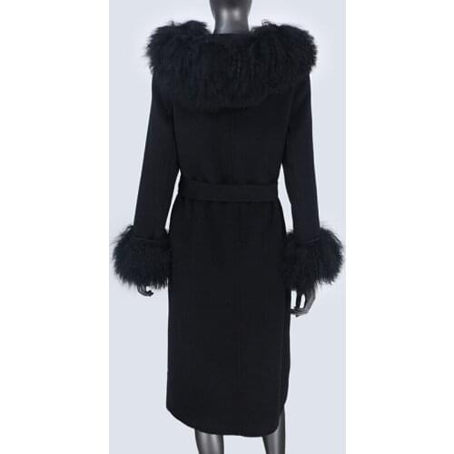 2021New X-long Cashmere Wool Blends Mongolia Sheep Real Fur coat Autumn Winter Belt Jacket Women Collar Hooded Casual Overcoat