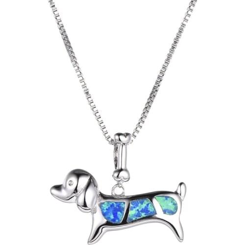 Cute Blue Fire Opal Dog Pendant Necklaces For Women 925 Sterling Silver Filled Wedding Party Birthstone Choker Fashion Jewelry