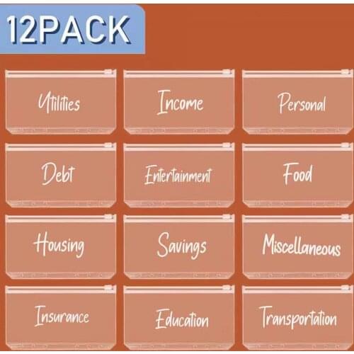 12 Pieces Categories Binder Pockets A6 Size 6 Holes Binder Cash Envelopes Zipper Folders PVC Loose Leaf Bags for Bill Planner