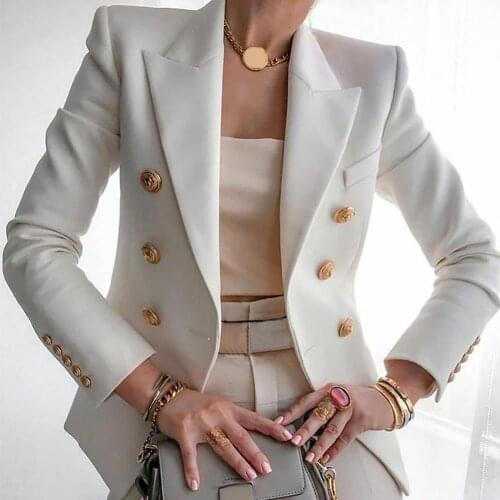 Women Blazer Long Sleeve Double Breasted Suit Coat Solid Color Office Suit Jacket Outerwear For Business