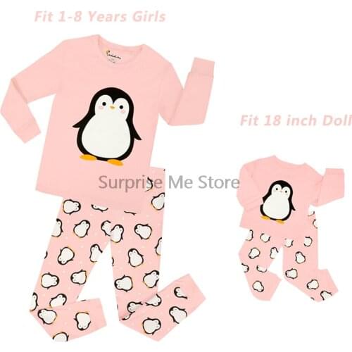 Matching Pajamas Sets Infantil Kids Baby Girls Matching Doll 18 Inches Doll Pyjama Tops+Pants Pink Penguin Cotton Soft Pijamas