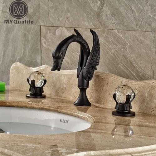 Luxury Two Cristal Handles Bathroom Faucet Tap Swan Shape Widespread Deck Mounted Basin Mixer Taps