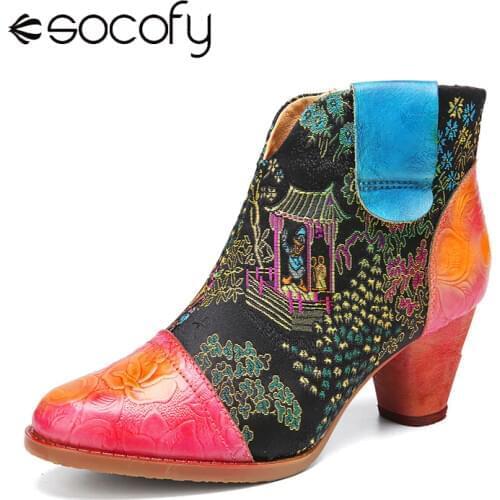 SOCOFY Womens Boots Retro Classical Embroidery Foral Embossed Genuine Leather Chunky Heel Short Boots 2020 Elegant Ladies Shoes