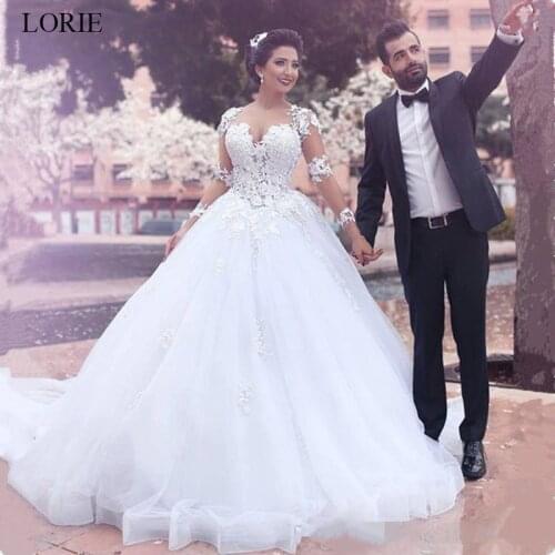 LORIE wedding dresses ball Gown 2019 Long sleeves Lace appliques vestido de noiva Whit ivory bridal Gowns plus size custom made