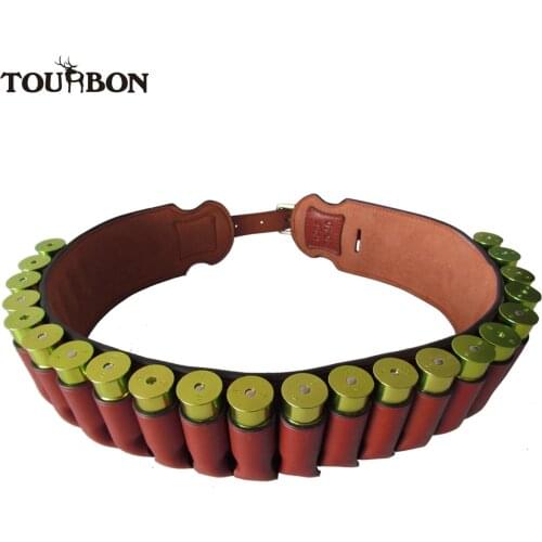 Tourbon Hunting Shotgun 12/16Gauge Ammo Belt Genuine Leather Shotshell Cartridges Belt Brown Bandolier Gun Accessories 89-106CM