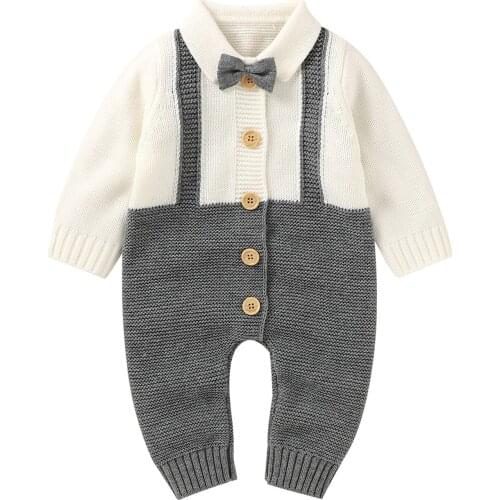 2021 Newest Baby Boys Casual Knitted Romper, Grey Turn-down Collar Long Sleeve Button-down Jumpsuit