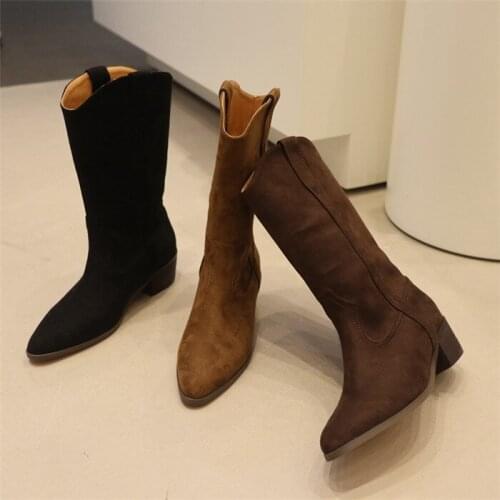 Pointed Toe Mid-Calf Women Boots Slip-on Fashion Lady Motorcycle Shoes Thick heel Pumps Female Shoes Winter Botas Chelsea