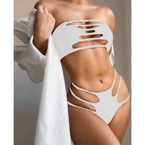 Women Fashion Sexy Hollow out Cut Out Bikini Swimsuit 2021 Summer Push Up Swimwear Bikini Set Tube top Beachwear Bathing suit L