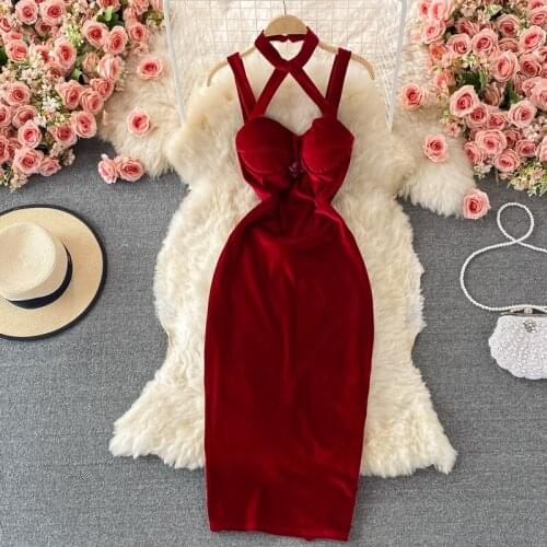 2021 Autumn and Winter Sexy Halter Strapless Sheath Long Dresses for Womem Solid Slim Bodycon Velvet Dress Suspender Dress