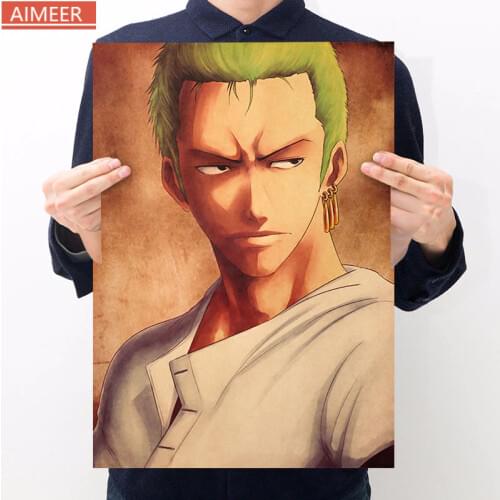 AIMEER Anime One Piece Cartoon Character Roronoa Zoro Style B Retro Kraft Paper Poster Bar Cafe Decor Painting 51.5x36cm