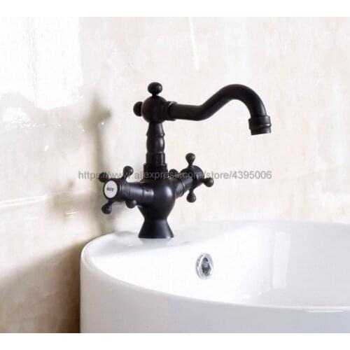 Black Oil Rubbed Bronze Double Handle Bathroom Faucet Deck Mounted One Hole Basin Mixer Taps Bnf145