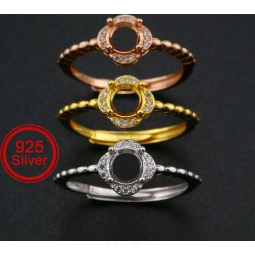5MM Round Prong Ring Settings Flower Solid 925 Sterling Silver Rose Gold Plated DIY Adjustable Ring Bezel for Gemstone 1210087