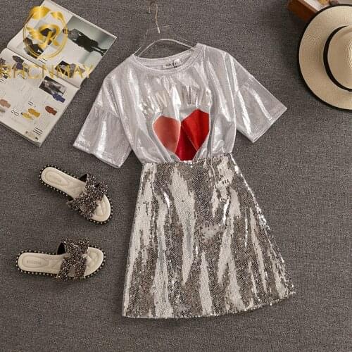 Two Piece Sets Women Love printed lette Tops + Sequins Mini Skirts Outfit New Summer O Neck Bandage T Shirts Clothes 2 Pcs Suits