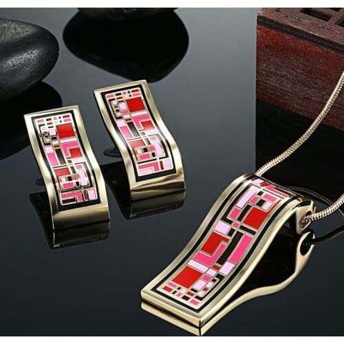 Zlxgirl jewelry Red Pink color Russian design Enamel necklace Earring jewelry sets Brand gold color wedding Bridal accessory Ear