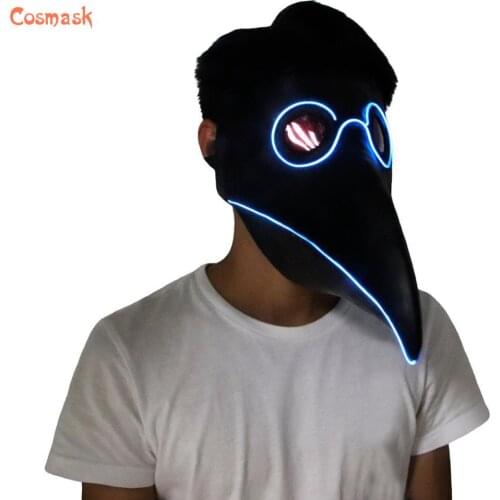 Cosmask Halloween LED Plague Doctor Mask Halloween Costume Party Latex Long Nose Bird Beak Gothic Cosplay Props Black Party Mask
