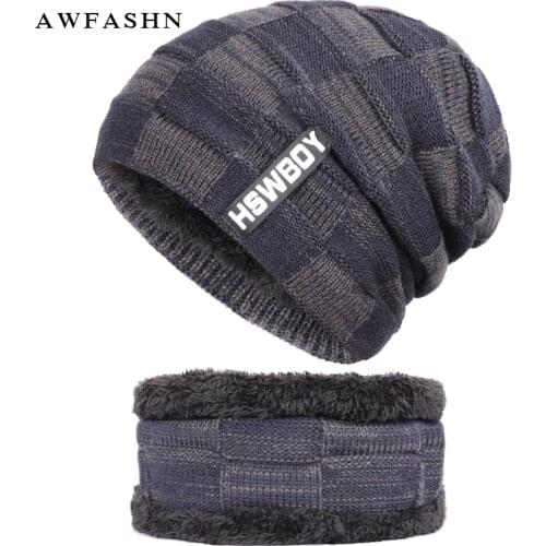 2018 Brand Striped Knit Beanie Hat Scarf 2 Pieces Set High Quality Mens Winter Plus Velvet Thick Cotton Soft Cap Scarves Bone