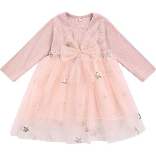 New Baby Long Sleeve Dress with Stitching Mesh Bow Waist Sparkling Sequins Little Princess Spring Costume