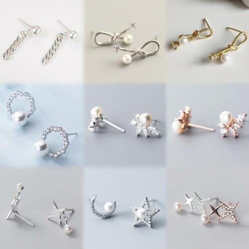PONYKISS Trendy S925 Sterling Silver Star Round Moon Pearl Zircon Stud Earrings Women Party Delicate Jewelry chic Accessories
