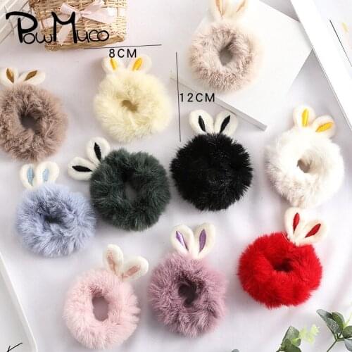 Powmuco 12*8 CM Solid Color Fake Fur Hair Rope Cute Bunny Ears Scrunchies Women Girls Elastic Hairband Clothing Accessories