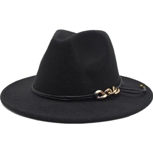 Simple classic black jazz fedora hat women autumn and winter jazz hat wide brim straight side with chain Panama hat