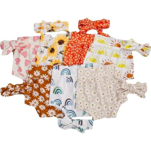 2Pcs Infant Kids Baby Girl Shorts Summer Bottoms Breathable Elastic High Waist Heart Flower Heart Printed Pants +Headband