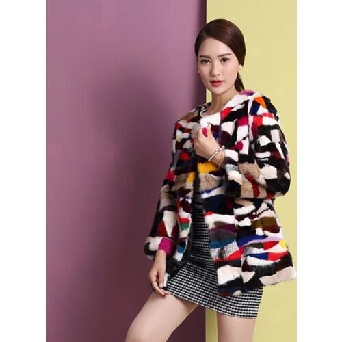 New Genuine real natural mink fur coat womens fashion multi-color colorfull O-neck jacket outwear custom any size free shipping