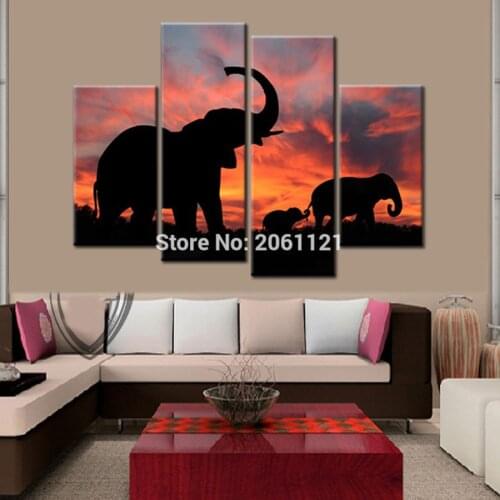 Modern Oil Painting On Canvas African animal wall decor black elephants family paintings free shipping 4 panel wall arts