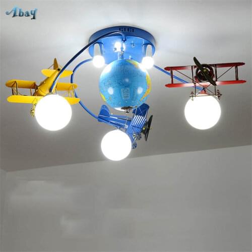 Art deco Childrens room plane globe ceiling lamp for study nursery creative living room lights kids led glass ceiling light e27