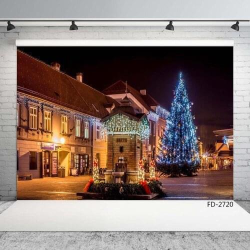 Christmas Tree Night Street String Lights Buiding Photography Backgrond Vinyl Backdrops for Family Baby Children Photocall