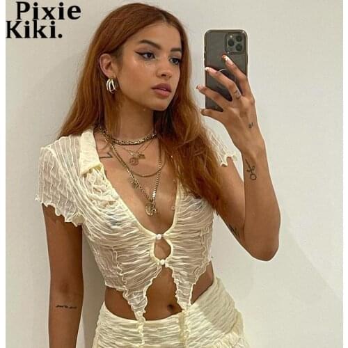 PixieKiki Vintage Y2k Sheer Crop Top White Brown Fairy Grunge Clothes Asymmetrical Button Up T Shirts Indie Aesthetic P85-BH10