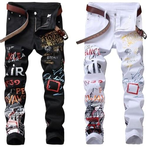 High Street Fashion Mens Jeans Night Club Black White Color Personal Designer Printed Jeans Men Punk Pants Skinny Hip Hop Jeans