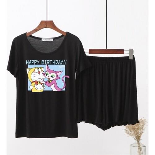 Modal Cotton Women Pajamas Set Plus Size O-Neck Summer Femme Short Sleeve Homewear Cute Cartoon Doraemon Women Anime Sleepwear