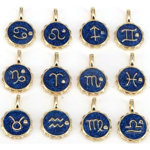 10Pcs Enamel Zodiac Signs On Round Coin Shape Pendant/Charm, Astrology Signs Pendant Mens & Womens Jewelry